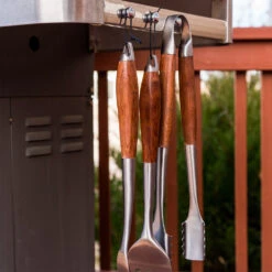 Drip EZ 3-Piece Grilling Tool Set With Stainless Body And Rosewood Handles - Spatula, Tongs, And Fork -BBQ Haven Shop Drip EZ 3 Piece Grilling Tool Set with Stainless Body and Rosewood Handles Spatula Tongs and Fork TS 1 Hang Loops