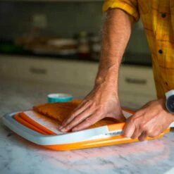 Drip EZ BBQ Prep Tub - Junior Size - Orange - 12-Inches By 16-Inches -BBQ Haven Shop Drip EZ Original Orange BBQ Prep Tub prep station 1