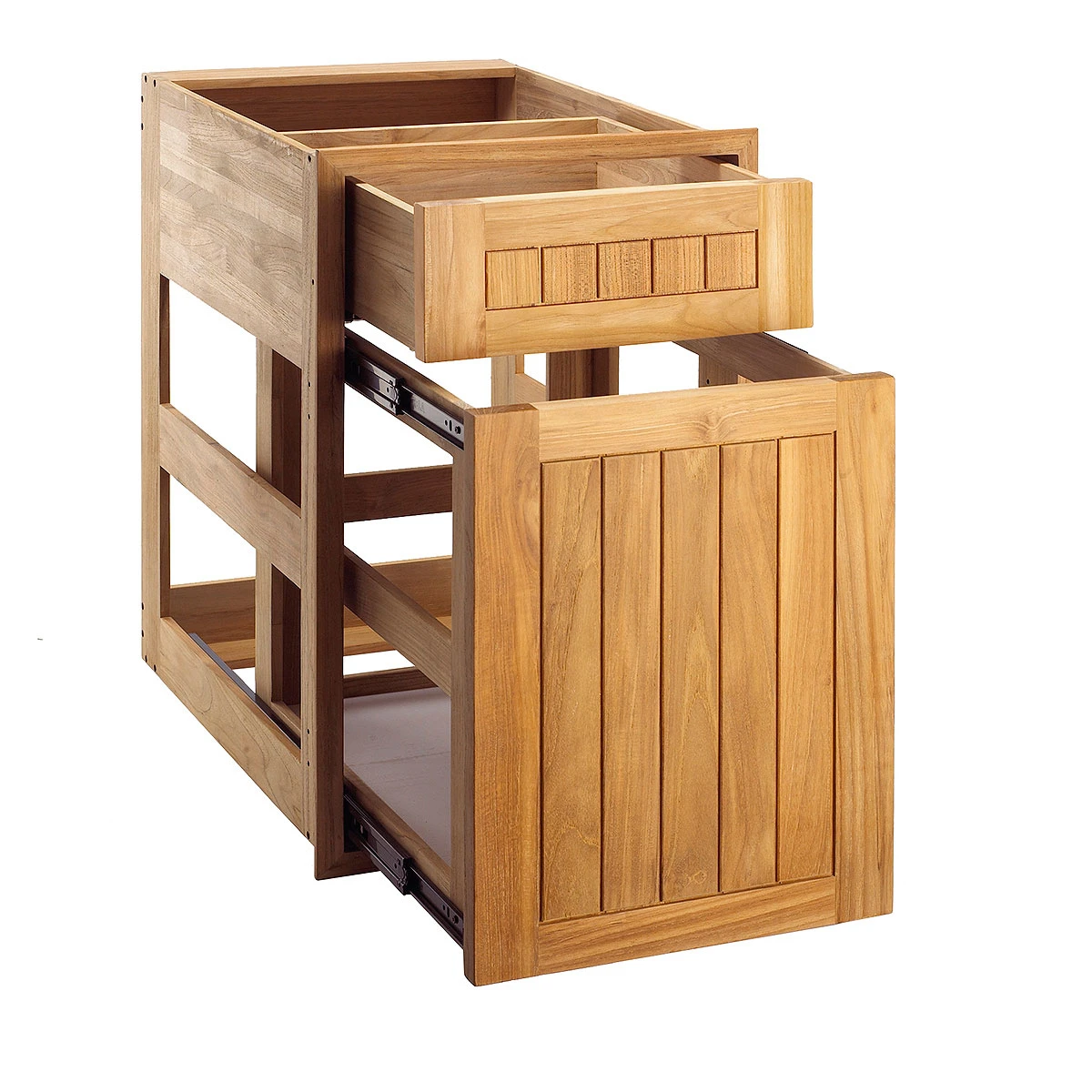 Pacific Teak Millworks Cottage Style 18-Inch Teak Wood Drawer & Roll-Out Trash Bin Combo 1 Pacific Teak Millworks Cottage Style 18-Inch Teak Wood Drawer & Roll-Out Trash Bin Combo