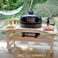 Primo Curved Cypress Kamado Table For Primo Oval XL With Ceramic Feet -BBQ Haven Shop Primo Curved Cypress Kamado Table for Primo Oval XL 600 Lifestyle Image