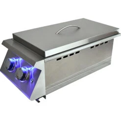 RCS Premier Series 24,000 BTU Built-In Propane Gas Double Side Burner With LED Lighting & Stainless Steel Lid -BBQ Haven Shop RCS Premier Series 24000 BTU Built In Propane Gas Double Side Burner with LED Lighting and Stainless Steel Lid RJCSSBLLP Side View