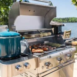 Saber Grills Stainless 500 32-Inch 3-Burner Freestanding Infrared Propane Gas Grill With Dual Ring Side Burner -BBQ Haven Shop Saber Grills Stainless 500 3 Burner Freestanding Gas Grill R50SC0017 Lifestyle Food View